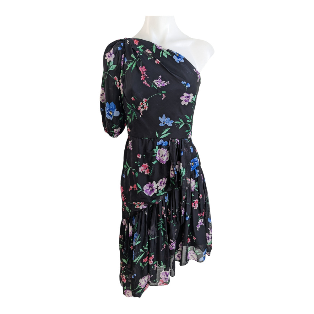 Shoshanna Size 0 Gia One Shoulder Shift Dress Black Floral Ruffle Asymmetric Hem